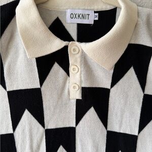 OXNIT Black White Geometric Knit Polo Medium Short Sleeve Retro